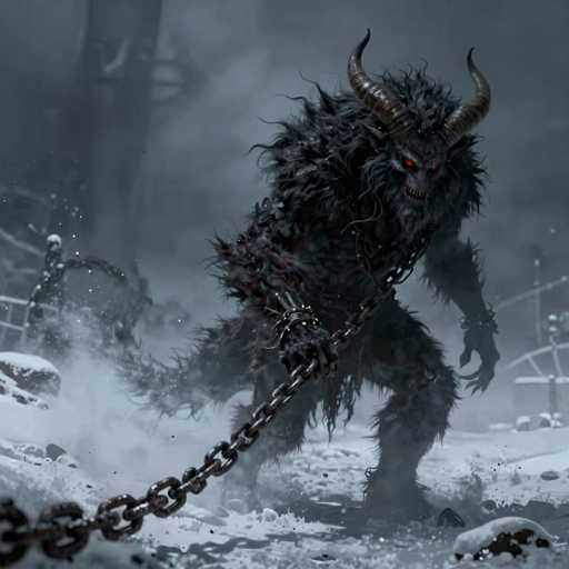 A dark, menacing creature with a furry, black body and sharp horns is dragging a heavy chain across a snowy landscape. The creature's red eyes glow intensely, and its fangs are bared in a menacing grin. The background is blurred, suggesting a dark, cold environment with snow falling and icy structures in the distance. The creature's body is covered in dark, textured fur, and its limbs are powerful and clawed. The chain it's dragging is thick and heavy, with links that appear to be rusted or covered in ice. The overall atmosphere is one of darkness, cold, and danger.