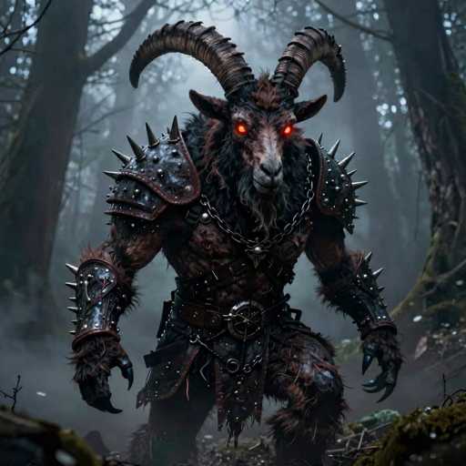 In this detailed fantasy illustration, a formidable creature stands menacingly in a dark, foggy forest. The beast, a hybrid of man and goat, features long, curved horns that extend from its head and curve back towards its face. Its glowing red eyes pierce through the mist, adding to its intimidating presence. The creature's body is covered in dark brown fur, and it wears intricate, spiked armor that extends from its shoulders down to its wrists. A chain hangs around its neck, and a belt with a prominent buckle cinches its waist. The creature's hands are equipped with long, sharp claws, enhancing its predatory appearance. The background is a dense forest with tall, dark trees and a ground covered in moss, contributing to the eerie and mysterious atmosphere of the scene.