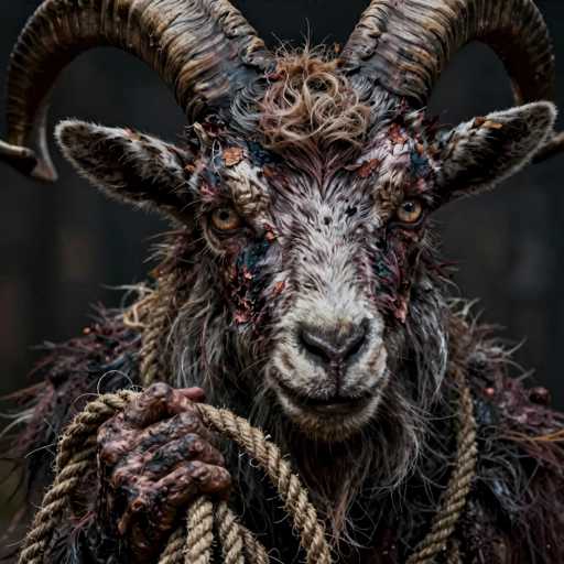 A close-up, highly detailed digital painting of a fantastical creature resembling a goat or ram. The creature has a rugged, almost decaying appearance with patches of dark, textured fur and what looks like dried moss or lichen growing on its body. Its horns are large, twisted, and have a weathered, bone-like texture with hints of dark brown and grey. The creature's face is expressive, with large, golden eyes that seem to gaze directly at the viewer. Its mouth is slightly open, revealing a pink tongue and sharp teeth. The creature's hands are covered in dark, textured skin with visible veins and what appears to be a thick, rope-like material wrapped around them. The background is dark and blurred, suggesting a dimly lit environment or a natural setting like a forest or mountains. The overall lighting is dramatic, highlighting the creature's features and textures with a soft glow that emphasizes its otherworldly nature. The style is reminiscent of fantasy art, possibly inspired by mythical creatures or folklore.