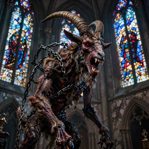 A detailed, high-quality digital painting of a demonic creature resembling a goat or satyr, standing in front of stained glass windows. The creature is covered in dark, textured fur and has large, curved horns. Its face is snarling, with sharp teeth and glowing red eyes. Chains are wrapped around its body, suggesting it is bound or restrained. The background features ornate stained glass windows with vibrant colors and intricate patterns, creating a dramatic and slightly eerie atmosphere. The lighting is dim, highlighting the creature's menacing features and casting shadows on the floor. The overall style is dark fantasy, with a focus on detail and texture.