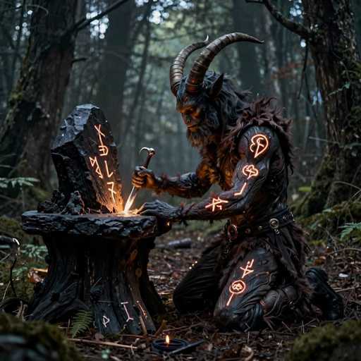 In this captivating fantasy illustration, a fearsome demon is depicted kneeling in a dense forest, engrossed in an intricate act of creation. The demon, with its long, dark hair and menacing horns, is clad in a fur-trimmed vest and matching pants, exuding an aura of otherworldly power. Its muscular arms are adorned with glowing symbols, and its face is etched with a fierce expression. The creature wields a chisel and hammer, meticulously carving an illuminated symbol into a large, dark stone that rests on a tree stump. The stone itself glows with an eerie light, casting an enchanting glow that illuminates the surrounding forest. The scene is set against a backdrop of towering trees, their branches stretching towards a sky that peeks through the canopy, adding to the mystical and foreboding atmosphere of the image.