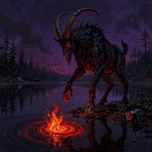 The image depicts a dark, eerie scene featuring a large, menacing creature that appears to be a hybrid of a goat and a human. The creature stands on a small island in the middle of a lake, its long, clawed fingers extended towards a swirling fireball of red and orange flames that emanates from the water. Its fur is a mix of black and gray, with long, curved horns that arch backward from its head. The creature's eyes glow an ominous red, and its mouth is slightly open, revealing sharp teeth. Surrounding the island are tall, dark trees, their reflections mirrored in the lake's surface. The sky above is a deep purple, filled with dark clouds, adding to the overall sinister atmosphere of the scene.