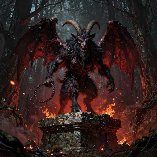 The image depicts a menacing, demonic creature standing on a stone pedestal in a dark, foreboding forest. The background is filled with tall, shadowy trees, creating an ominous atmosphere. The creature itself is a terrifying fusion of human and beast, with long, black, furry arms and legs. Its body is covered in dark fur, and it has a menacing face with sharp teeth and glowing red eyes. Two large, curved horns protrude from its head, adding to its fearsome appearance. The creature's wings are spread wide, displaying a mix of black and red feathers, with some appearing tattered and damaged. In its right hand, it wields a whip-like weapon, while its left hand is clenched into a fist. The stone pedestal it stands on is surrounded by flames, and additional fire can be seen in the bottom right corner of the image, enhancing the sense of danger and malevolence.