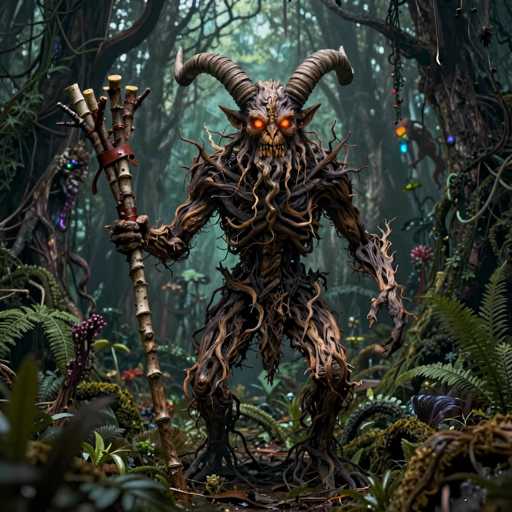 The image depicts a menacing, demonic creature standing in the middle of a dense, dark forest. The creature's body is composed entirely of intertwined tree branches and roots, giving it a sinister, organic appearance. Its face is particularly frightening, with glowing orange eyes, a beak-like nose, and yellow teeth. Two large, curved horns protrude from its head, adding to its terrifying visage. The creature's arms are raised, and in its right hand, it wields a staff made of sticks bound together with a leather strap, from which several cylindrical objects dangle. The forest around it is filled with tall trees, ferns, and other plants, creating an eerie atmosphere. In the background, another similar creature can be seen, adding to the unsettling nature of the scene. The overall color palette of the image is dominated by dark browns and blacks, with the creature's eyes providing the only source of bright color.