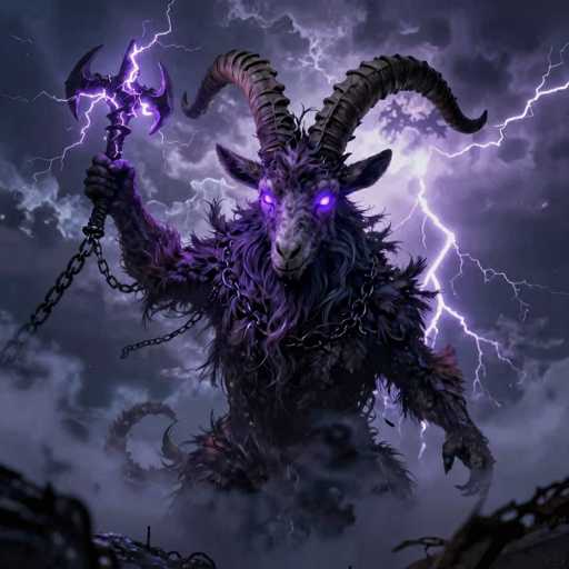 The image depicts a menacing, demonic creature with the head of a goat and the body of a man. Its glowing purple eyes and long, curved horns that extend backward give it an eerie appearance. The creature's body is covered in shaggy fur, and it has chains draped around its neck and arms. In its right hand, it wields a menacing weapon that resembles a spiked mace or hammer, from which lightning bolts emanate. The background is a dark, stormy sky filled with ominous clouds and streaks of lightning, enhancing the sinister atmosphere. The creature stands on a smoky, foggy ground, adding to the overall eerie and foreboding mood of the scene.