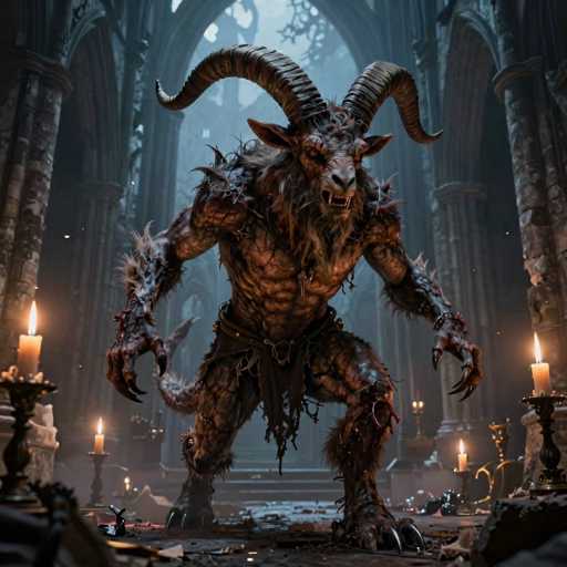 The image depicts a menacing, demonic creature standing in the middle of a grand, ancient building. The creature has a humanoid form with a muscular build, but its face is distinctly goat-like, complete with large, curved horns that extend backward and then forward. Its eyes are slanted and intense, giving it a fierce expression. The creature's mouth is open, revealing sharp teeth, and its body is covered in patches of fur, particularly on its arms, legs, and chest. It wears a tattered loincloth, emphasizing its primitive and wild nature.

The setting is a vast, stone-walled room with high ceilings and large archways that lead to other areas of the building. The floor is littered with debris, adding to the sense of abandonment and decay. Candles in ornate holders are placed on both sides of the creature, casting flickering shadows that enhance the eerie atmosphere. The overall scene is dark and foreboding, with the creature appearing to be the focal point in this ancient, mysterious environment.