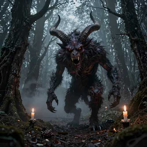 A dark, eerie scene unfolds in a dense forest. A monstrous creature with sharp horns and glowing red eyes stands amidst the shadowy trees, its body covered in dark fur. The creature's fangs are bared in a menacing grin, and its claws extend from its hands. The forest floor is covered in moss and fallen leaves, with a thick fog swirling around the base of the trees. Two lit candles sit on the ground in the foreground, casting a warm glow that contrasts with the overall darkness of the scene. The creature's posture suggests it is stalking or lurking, adding to the overall sense of mystery and danger.
