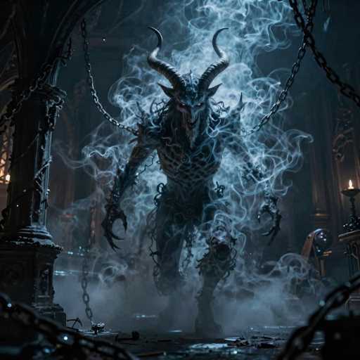The image depicts a menacing, demonic creature with a humanoid form, standing in the center of a dark, gothic-style room. The creature has a muscular build with long arms ending in sharp claws, and its body is covered in a scaly, armor-like texture. It features two large, curved horns protruding from its head and glowing yellow eyes that add to its sinister appearance. The creature's mouth is open, revealing sharp teeth, and it appears to be emerging from a swirl of white smoke that surrounds it. The room itself is dimly lit, with a few candles placed on the floor and a large pillar to the left. Chains hang from the ceiling, some of which are draped over the creature's shoulders and arms, while others lie on the floor. The overall atmosphere is eerie and foreboding, with the creature's presence dominating the scene.