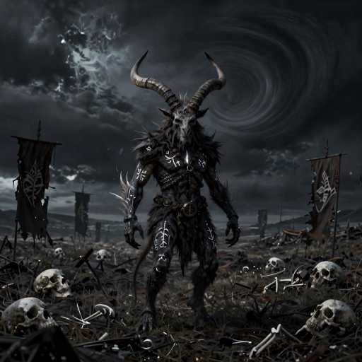 The image depicts a dark, fantastical scene centered around a demonic creature. The creature has a skeletal face with large, curved horns protruding from its head, giving it a menacing appearance. Its body is covered in fur, and it wears a belt adorned with various symbols. The creature's arms are muscular, and it has a long tail that extends behind it. Surrounding the creature are numerous skulls scattered across the ground, adding to the eerie atmosphere. The background features a turbulent sky with swirling clouds, and several tattered flags are visible, some displaying skull and crossbones symbols. The overall color palette is dominated by shades of black, gray, and white, enhancing the ominous and foreboding mood of the scene.