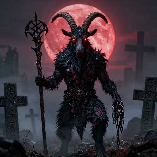 The image depicts a menacing, humanoid creature with the head of a goat, complete with glowing red eyes and long, curved horns. The creature's body is covered in black fur, and it wears a belt made of chains around its waist. In its right hand, it holds a staff adorned with spikes, while its left hand grips a chain. The background features a dark, gray sky with a large, blood-red moon, casting an eerie glow over the scene. Surrounding the creature are numerous gravestones, some inscribed with Japanese characters, and a scattering of debris on the ground. The overall atmosphere is one of foreboding and supernatural dread.
