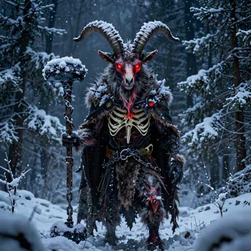A detailed, high-quality digital painting of a mystical, horned creature resembling a goat or demon in a snowy forest. The creature is standing upright, facing forward with glowing red eyes and a menacing expression. It's clad in dark, possibly leather or fur-like armor adorned with bone-like elements and chains. A large, ornate staff topped with a snow-covered orb is held in its left hand. The creature's body is covered in dark fur, and a skeletal ribcage is visible beneath its armor. The background features a dense forest with snow-covered trees and falling snow, creating a cold and atmospheric setting. The overall lighting is dim, with the creature's glowing eyes providing the primary light source. The style should be fantasy-inspired, with a focus on detailed textures and dramatic lighting to evoke a sense of mystery and power.