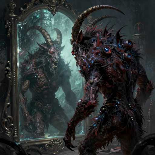 The image depicts a menacing, demonic creature with a humanoid form, standing before an ornate, antique mirror. The creature's body is covered in dark red and black fur, with a muscular build. Its face is particularly terrifying, featuring a wide-open mouth filled with sharp, jagged teeth, and glowing red eyes. The creature has two large, curved horns protruding from its head, adding to its fearsome appearance. Its back is adorned with multiple glowing orbs, possibly serving as sensory organs, and it wears a belt with a prominent buckle. The creature's hands are long and clawed, enhancing its threatening presence. The mirror it stands before is tall and rectangular with an elaborate gold frame, reflecting the creature's terrifying visage. The background is dark and shadowy, with hints of trees and a tower, suggesting a mysterious, possibly enchanted setting. The overall scene is eerie and unsettling, with the creature appearing to be in a dark, forested area, possibly at night.