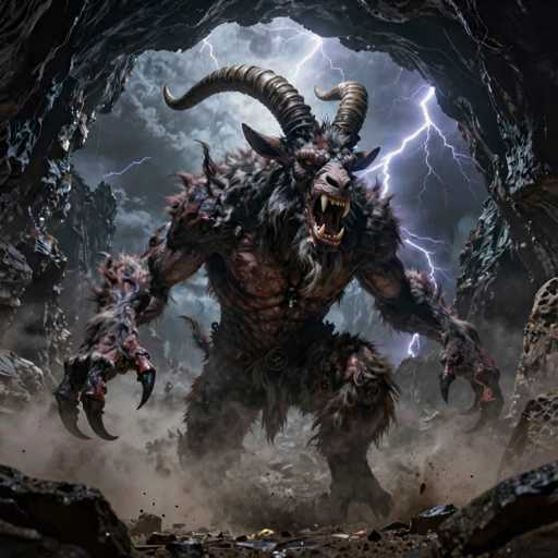 The image depicts a menacing, gargoyle-like creature with a humanoid form, standing in a cave-like environment. The creature has a muscular build with a brownish-red, furry body and is adorned with long, curved horns that extend from its head to its back. Its face is particularly terrifying, featuring a wide-open mouth filled with sharp, fang-like teeth, giving it a snarling expression. The creature's arms are long and covered in fur, ending in large, clawed hands with four fingers each. Its legs are also muscular and covered in fur, ending in long, sharp claws. The cave setting is dark and ominous, with jagged rocks surrounding the creature. Above, the sky is filled with dark, stormy clouds, and lightning bolts streak through the air, adding to the eerie atmosphere. The overall scene is one of intense, supernatural horror, with the creature appearing ready to attack.