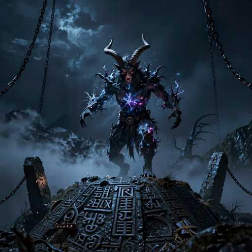The image depicts a menacing, demonic creature standing atop a mound adorned with intricate symbols and carvings, possibly of Asian origin. The creature, which has a humanoid form, is covered in black and purple hues, with glowing red eyes and sharp fangs. It sports large, curved horns that extend from its head, curling upwards. The creature's hands are equipped with long, claw-like fingers, and its body is adorned with various spikes and thorns. A striking feature is the purple and blue light emanating from its chest, adding to its otherworldly appearance. The background is dark and cloudy, with a hint of moonlight piercing through, enhancing the eerie atmosphere. Chains hang from the sky, contributing to the scene's ominous feel. Flanking the mound are two stone pillars, each inscribed with the letters A, V, T, and R. The overall setting is reminiscent of a video game or a fantasy movie, evoking a sense of dark magic and foreboding.