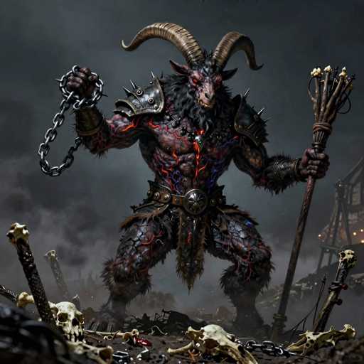 A monstrous, dark Krampus dominates the scene. Its body is a grotesque fusion of a dark goat and a sinister demon, with a scarred, black hide. One hand grips a spiked iron chain, while the other holds a bundle of burning torches. The creature stands amidst a desolate landscape littered with bones, all rendered in a dark-fantasy art style with dramatic lighting and intricate details.