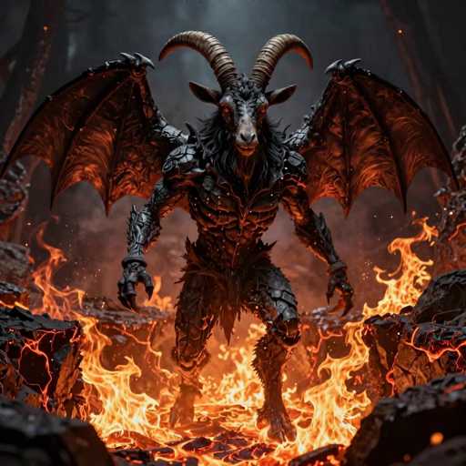 The image depicts a menacing, demonic creature standing amidst a fiery landscape. This fearsome being has the head of a goat, complete with long, curved horns that sweep back and then forward. Its eyes are a piercing red, and it has a long, black beard that flows down its chest. The creature's body is covered in intricate, metallic armor that resembles a blend of black and silver, giving it a robotic appearance. It has large, bat-like wings extending from its back, adding to its intimidating presence. The legs are also armored, with fur visible around the knees, and it stands on hooved feet. The ground beneath it is ablaze with orange and yellow flames, surrounded by dark, black rocks. The background is a smoky, grayish-black, enhancing the overall dark and ominous atmosphere of the scene.