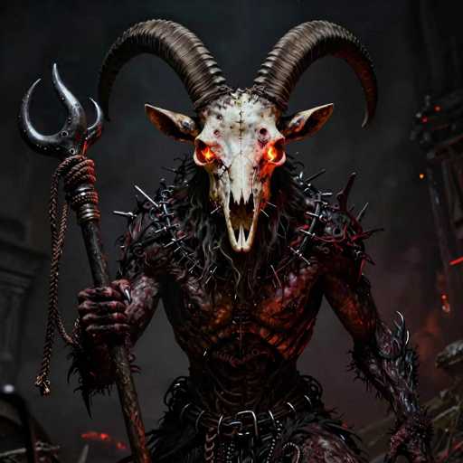 A detailed, high-quality digital painting of a demonic creature resembling a goat-headed humanoid. The creature is primarily dark, with a predominantly black and red color scheme, suggesting a corrupted or undead state. The creature's body is covered in spikes and chains, with glowing red eyes that pierce through the darkness. It holds a large, ornate staff in its left hand, which features a skull-like head and sharp, curved blades. The creature's right arm is raised, revealing a skeletal hand with claw-like fingers. The background is dark and indistinct, hinting at a shadowy, possibly hellish environment. The overall lighting emphasizes the creature's menacing appearance and adds to the dramatic atmosphere of the artwork.