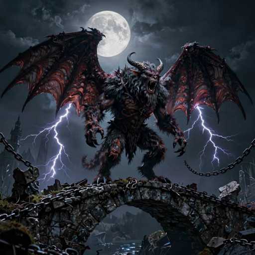 The image depicts a menacing, demonic creature standing on a stone bridge. The creature has a furry, humanoid body with long arms ending in sharp claws and a tail. Its head is adorned with two large, curved horns and it has a gaping mouth filled with sharp teeth. The creature's wings are large, with red veins and black markings, adding to its terrifying appearance. The stone bridge it stands on is broken and covered in chains, with a chain hanging from the left side. The background features a dark, cloudy sky illuminated by a full moon, casting an eerie glow over the scene. Lightning bolts streak down from the sky, striking the bridge and the creature's body. In the distance, a castle with a tall, pointed tower looms, adding to the ominous atmosphere. The overall scene is set at night, enhancing the dark and foreboding mood.