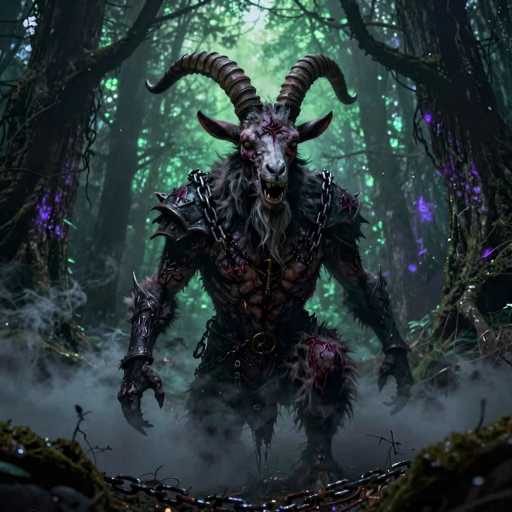 A detailed digital painting of a monstrous, demonic goat-like creature in a dark, enchanted forest. The creature is humanoid in form but possesses the head and horns of a goat, with sharp claws and glowing red eyes. Its body is covered in dark fur, adorned with spiked armor and chains, and appears to be partially engulfed in a swirling mist or smoke. The background is filled with tall, gnarled trees, glowing purple moss, and a sense of eerie depth. The creature is positioned in the center of the frame, with its gaze directed forward, creating a dramatic and intense atmosphere. The overall color palette is dark and moody, with deep greens, purples, and blacks dominating the scene. The lighting is dim, highlighting the creature's menacing features and casting shadows that add to the overall sense of mystery and danger.
