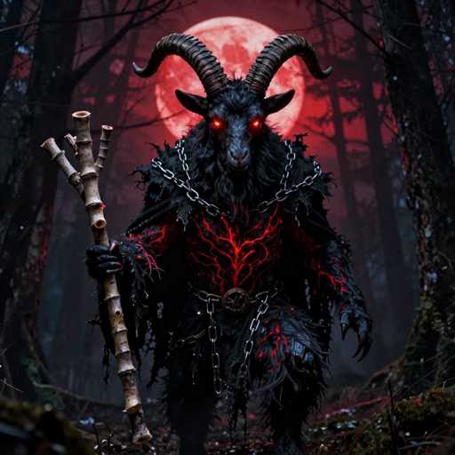 The image depicts a menacing, demonic goat creature standing in a dark forest. The creature has long, curved horns that extend from its head and sharp, menacing claws. Its eyes glow with an eerie red light, and its body is covered in dark fur with red, vein-like patterns. The goat is adorned with silver chains around its neck and waist, and it holds a staff made of sticks in its right hand. The background features a red moon partially obscured by the creature's head, casting an ominous glow over the scene. The forest is dense with tall, dark trees, and the ground is littered with leaves and sticks, adding to the eerie atmosphere.