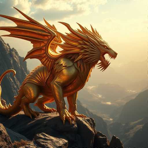 A majestic, golden dragon with intricate, textured scales and large, ornate wings dominates a rugged, rocky landscape. The dragon is positioned on a high rock formation, facing left with its mouth open in a fierce roar. The background features hazy, distant mountains under a bright, partly cloudy sky, creating a sense of vastness and power. The art style is detailed and fantastical, emphasizing the dragon's mythical nature.