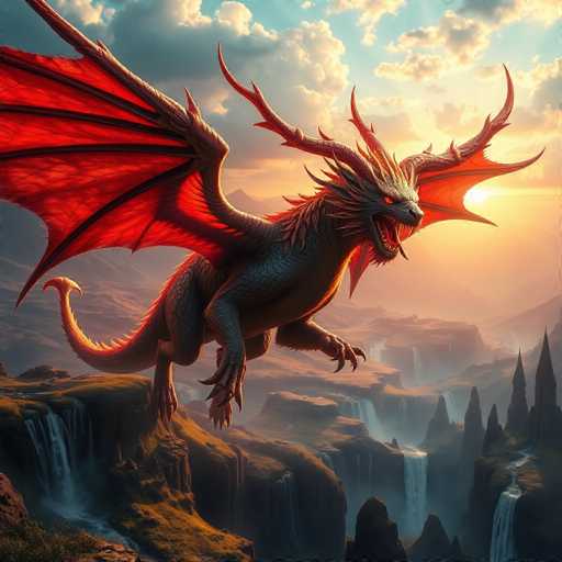 The image depicts a red dragon with large wings and sharp teeth, soaring through the sky over a mountainous landscape. The dragon is positioned centrally within the frame, facing towards the right side of the image. In the background, there are mountains covered in lush green vegetation, with waterfalls cascading down their sides.