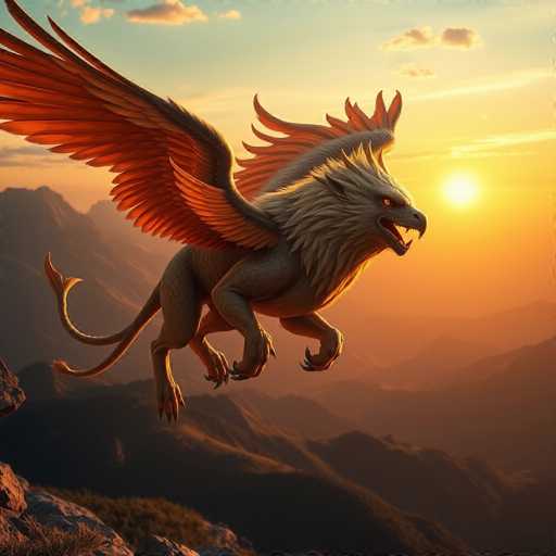 The image depicts a majestic creature that appears to be a fusion of a lion and a bird, soaring through the sky. This fantastical being has the powerful body of a lion, complete with sharp claws and a long, curved tail. Its head is adorned with the mane of a lion, but it features the beak and eyes of a bird. The creature's wings are expansive and predominantly orange, with hints of yellow near the base. It is captured in mid-flight, with its wings spread wide, and its mouth open as if roaring or calling out. The backdrop is a stunning sunset, with the sky painted in hues of orange and yellow, and the sun itself glowing brightly. Below, a rugged mountain range stretches across the horizon, adding to the dramatic and awe-inspiring nature of the scene.