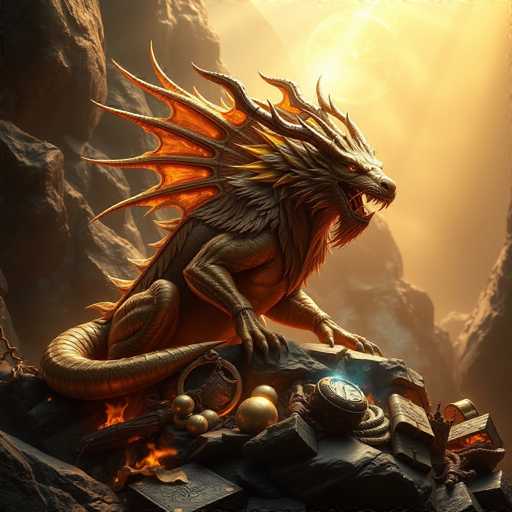 A majestic, golden dragon with fiery orange accents perches on a pile of ancient artifacts amidst rugged, rocky terrain. The scene is bathed in warm, golden light, with glowing orbs and a partially visible celestial body in the background. The art style is detailed and fantastical, evoking a sense of ancient power and mystical wonder.