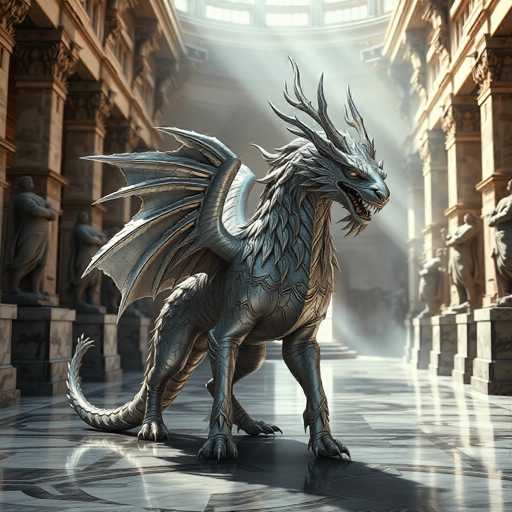 The image depicts a majestic silver dragon statue standing on a marble floor within an ancient building with columns and arches. The dragon's wings are spread wide as it faces the camera directly, giving a sense of its imposing presence. The background is filled with other statues and columns, creating a grand and awe-inspiring atmosphere.