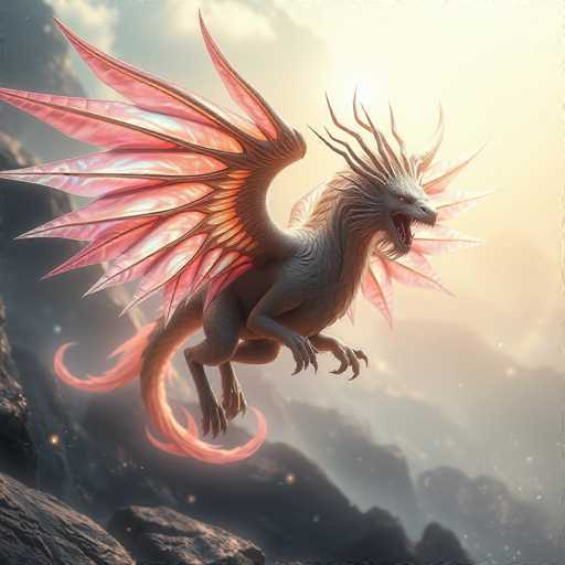 The image depicts a majestic dragon set against a dramatic, rocky landscape. The dragon, with its grayish body, is captured in a dynamic pose, as if it's soaring through the air. Its most striking feature is its pair of large, pink wings, which are spread wide, showcasing intricate details. The dragon's head is adorned with numerous spikes, adding to its fierce appearance. Its mouth is open, revealing sharp teeth, and its eyes are wide open, giving it an intense, alert expression. The creature's long, pink tail extends behind it, curling slightly at the end. The background features a rugged, rocky terrain with a bright sun shining from the top right corner, casting a warm glow over the scene. The sky is filled with clouds, adding depth and atmosphere to the overall composition.