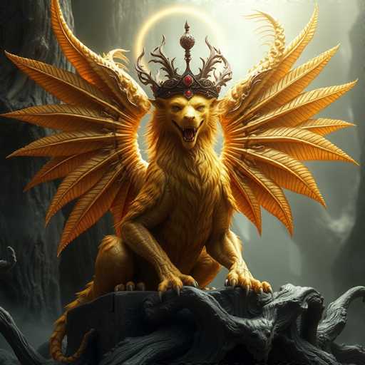 The image depicts a fantastical creature that appears to be a hybrid of a lion, eagle, and possibly a dragon, with a distinctly golden hue. This majestic being is adorned with a crown featuring red jewels and a prominent red jewel on its forehead. Its mouth is open, revealing sharp teeth, and it has piercing yellow eyes. The creature's wings are expansive and leaf-like, with a total of 16 feathers—eight on each side. It is perched on a dark, grayish-black rock, with its claws gripping the surface. The background is a misty, foggy forest with dark gray trees, enhancing the mystical and otherworldly atmosphere of the scene.