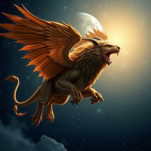 This detailed digital artwork depicts a majestic winged creature soaring through a starry night sky. The creature, reminiscent of a lion with its long, flowing mane, has a powerful, muscular body. Its mouth is wide open, revealing sharp teeth and a long, forked tongue, giving it a fierce expression. The creature's wings are expansive and golden, with feathers that transition from a lighter to a darker orange hue. Its legs are equipped with sharp claws, and a long, curved tail extends behind it. The creature appears to be in mid-flight, moving towards the right side of the image. The background features a deep blue night sky dotted with numerous stars, a crescent moon, and wispy clouds in the bottom left corner. The overall scene is vibrant and dynamic, capturing the essence of a mythical beast in motion.