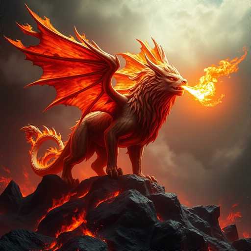The image depicts a highly detailed, computer-generated dragon standing on a rocky outcrop amidst a fiery landscape. The dragon, which has a lion-like body with a mane and a long, curled tail ending in flames, is facing to the right. Its body is primarily brown with a mane that extends from its head down to its chest. The dragon's wings, which are spread wide, are a vibrant orange with flames emanating from the tips. It has two prominent horns on its head and is breathing a stream of fire that curves to the right. The rocky terrain beneath the dragon is black and covered in glowing red lava, with additional lava visible in the background. The sky above is filled with dark, ominous clouds, adding to the intense and dramatic atmosphere of the scene.