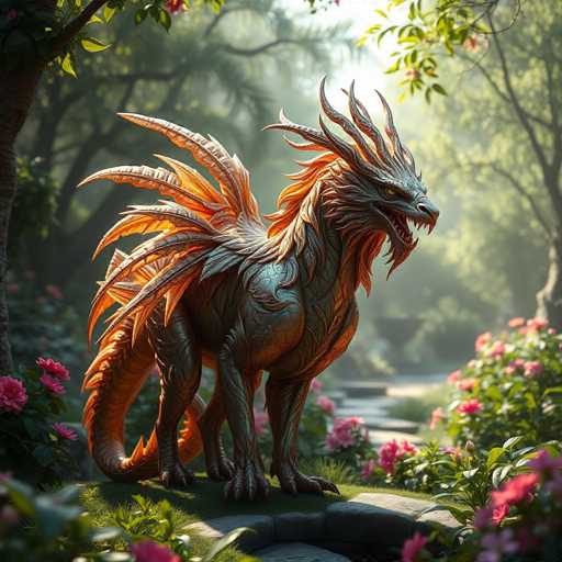 The image depicts a fantastical creature resembling a dragon, standing on all fours in a lush garden. The dragon's body is primarily gray with intricate scales, and it has a long, serpentine tail adorned with orange spikes. Its head is turned to the right, revealing a fierce expression with sharp teeth and a prominent nose. The creature's mane and spikes along its back are a striking orange, adding to its mythical appearance. Surrounding the dragon are vibrant pink flowers and green leaves, with a stone pathway leading to a small pond in the background. The scene is bathed in sunlight, enhancing the vivid colors and the serene yet wild atmosphere of the garden.
