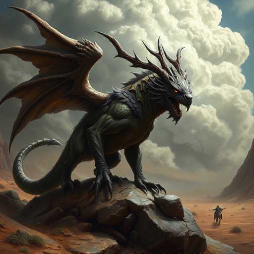 A colossal, dark green dragon with large, bat-like wings and sharp horns dominates a desolate, rocky landscape. The dragon is perched on a jagged rock formation, its powerful claws gripping the surface. A lone figure on horseback, armed with a bow, stands in the distance, facing the dragon. The sky is filled with dramatic, swirling clouds, casting a warm, ethereal light on the scene. The art style is highly detailed and painterly, with a focus on dramatic lighting and atmospheric perspective.