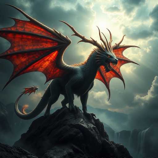 This detailed fantasy illustration depicts a menacing dragon perched atop a jagged, dark rock formation. The dragon's body is primarily dark gray, with a striking orange mane running from its head down its back. Its head is turned to the right, showcasing a fierce expression with an open mouth, revealing sharp teeth and a visible tongue. The dragon's eyes are a vivid orange, adding to its intimidating presence. 

The creature's wings are spread wide, displaying a translucent orange hue with intricate black veins. Its long, serpentine tail curls behind it, ending in a fluffy orange tuft. The background features a dramatic, stormy sky filled with dark gray clouds, through which the sun's rays pierce, casting an ethereal glow on the dragon. Below, a series of waterfalls cascade down the rocky terrain, enhancing the wild and untamed atmosphere of the scene.