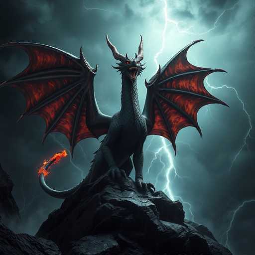 The image depicts a menacing dragon perched atop a jagged, dark gray rock formation. The dragon's body is predominantly black, with a long, serpentine tail that ends in a blazing fireball. Its wings are spread wide, showcasing a striking contrast of red veins against the black backdrop. The dragon's head is adorned with two large, curved horns and a mane of spikes that extend from its eyes to its neck. Its glowing red eyes and wide-open mouth, revealing sharp teeth, add to its fierce appearance. The background is a tumultuous sky filled with dark, stormy clouds, dramatically illuminated by a lightning bolt striking directly behind the dragon. The overall scene exudes an intense, ominous atmosphere, with the dragon appearing ready to unleash its fury.