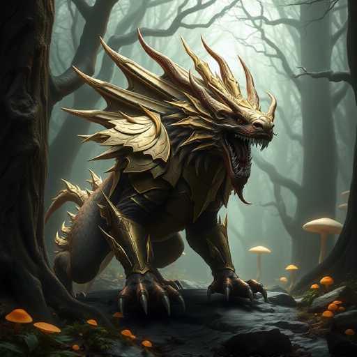 In this highly detailed, computer-generated image, a menacing dragon stands at the center of a dense, foggy forest. The dragon, with its dark gray body and intricate gold armor plating, exudes an aura of danger. Its sharp claws, long teeth, and fierce red eyes add to its intimidating presence. The creature's head is adorned with numerous horns and spikes, and its mouth is wide open, revealing a menacing array of teeth. The dragon's body is covered in gold armor, particularly around its shoulders and legs, with spikes protruding from its back and tail. It stands on a rocky surface, surrounded by tall, leafless trees that enhance the eerie atmosphere. The forest floor is dotted with a variety of mushrooms, including small orange ones and larger white ones with orange caps, adding a touch of color to the otherwise dark and foreboding scene.