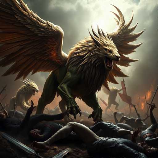The image depicts a dramatic and intense scene of a massive winged beast, resembling a lion with a human-like body, trampling over a fallen army. The creature's body is green, and it has a lion's head with a mane that transitions from brown to white. Its wings are large, with brown feathers on the bottom and white on the top. The beast's mouth is wide open, revealing sharp teeth, and it has a fierce expression. Surrounding the creature are numerous soldiers dressed in black leather armor, lying motionless on the ground, indicating they have been defeated. In the background, more soldiers can be seen, some still fighting while others are also fallen. The sky is filled with dark, ominous clouds, adding to the overall sense of chaos and destruction. The scene is chaotic, with the powerful winged beast as the focal point, dominating the battlefield.
