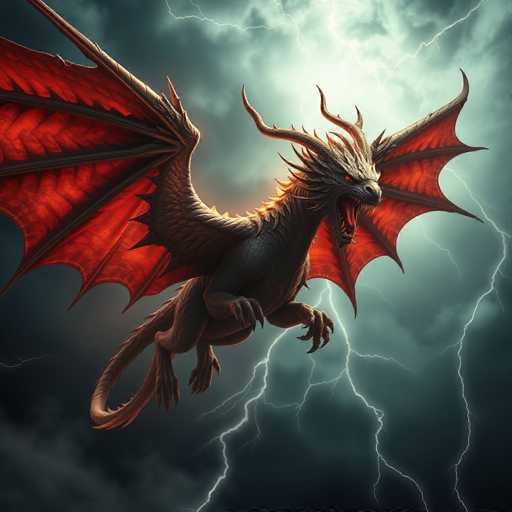 A red dragon with sharp teeth and a long tail is captured mid-flight against a dark sky filled with lightning bolts. The dragon's wings are spread wide as it soars through the air, its eyes focused on something below.