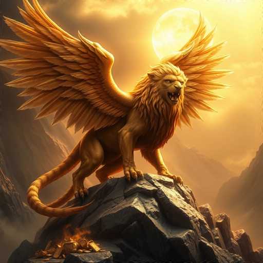 The image depicts a majestic winged lion standing on a jagged, dark gray rock formation. The lion, with its golden-brown fur and long, flowing mane, has its mouth open wide, revealing sharp teeth as if roaring. Its powerful wings, adorned with feathers, extend from its back, adding to its mythical aura. The lion's muscular legs are firmly planted on the rock, and its tail curls around the base. Below the lion, a small fire burns, casting a warm glow on the scene. The background features a dramatic landscape of dark gray mountains and a sky filled with clouds, illuminated by a large, bright celestial body—either the sun or the moon. The overall color palette of the image is dominated by shades of brown, gold, and gray, enhancing the fantastical and majestic atmosphere of the scene.