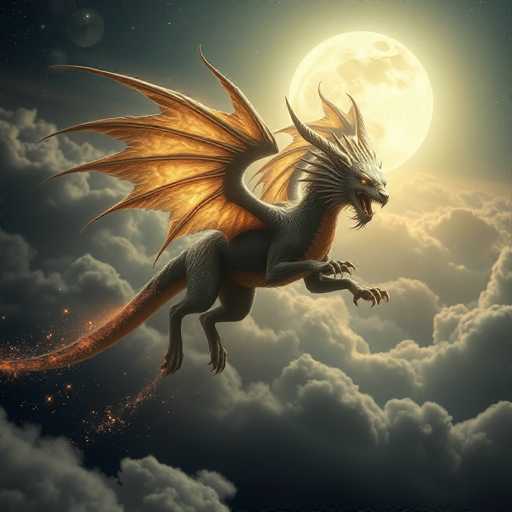 This detailed digital artwork depicts a menacing dragon soaring through a night sky. The dragon, primarily gray with a striking orange underbelly and orange-tinted wings, has a long, serpentine tail that ends in a fiery spark. Its body is covered in gray fur, and it has a long neck adorned with a beard-like feature. The dragon's face is particularly fierce, with a large open mouth revealing sharp teeth and glowing yellow eyes. Its wings are spread wide, and its front claws are extended, adding to its intimidating presence. The backdrop features a large, glowing full moon that casts a yellowish light, illuminating the dragon's wings and creating a dramatic contrast against the dark, star-studded sky. Below the dragon, a sea of clouds stretches across the scene, enhancing the mystical and otherworldly atmosphere of the image.