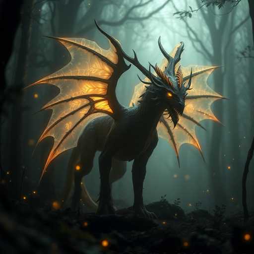 The image depicts a fantastical, computer-generated dragon standing in a dark, dense forest. The dragon, which has a black body, features large, translucent wings that glow with an orange light, giving it an ethereal appearance. Its eyes are also glowing orange, adding to its mystical aura. The dragon's mouth is open, revealing sharp teeth, and it has a long tail. The forest around it is filled with tall, leafless trees, and the ground is covered with dirt and small plants. The overall scene is shrouded in darkness, with the dragon's wings and eyes providing the primary source of illumination.