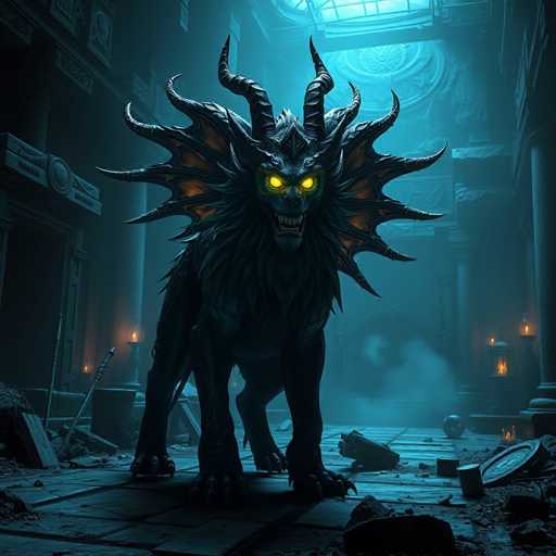 The image depicts a menacing, mythical creature that appears to be a hybrid of a lion, dog, and wolf, with a distinctly sinister presence. The creature stands on all fours, its body covered in dark fur, and it has a fierce expression with glowing yellow eyes and sharp, white teeth. Its head is adorned with two large, curved horns and a crown-like structure, from which spikes and wing-like extensions protrude. The setting is a dilapidated, ancient building with broken stone tiles, scattered debris, and torches that cast an eerie glow. The background is shrouded in fog, adding to the ominous atmosphere. The creature's overall appearance is dark and foreboding, with a color palette dominated by shades of black, gray, and blue, enhancing its menacing aura.