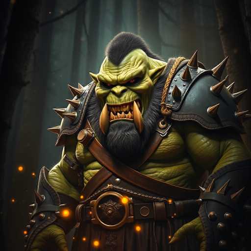 The image depicts a highly detailed, computer-generated illustration of a green orc standing in a dark, dense forest. The orc, with its muscular build and menacing appearance, has a green face and body, adorned with a black mohawk and a black beard. Its red eyes glare intensely, and its mouth is open, revealing sharp teeth and two prominent tusks protruding from its lower jaw. The orc is clad in black leather armor, including spiked shoulder pads, a spiked wristband on its right arm, and a spiked bracer on its left arm. A brown leather belt with a large buckle secures its waist, and a strap crosses over its chest. The background is a shadowy forest with tall, dark trees, adding to the ominous atmosphere of the scene.