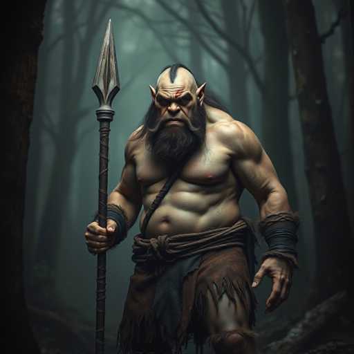 A hulking ogre stands at the forest's edge, a grim expression etched on his face. He wears a loincloth of animal hide and grips a crude, stone-tipped spear. The muted, earthy colors create a somber atmosphere, emphasizing the mythical and savage nature of this powerful creature. The composition is stark, with a focus on the ogre's imposing physique and the dark, mysterious forest backdrop.
