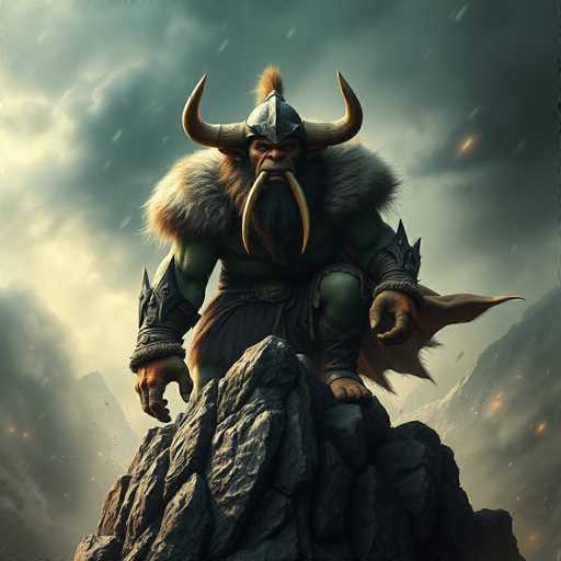 The image depicts a formidable, green-skinned warrior resembling a Viking or troll, standing on a jagged rock formation. The warrior's face is characterized by a large, bulbous nose and two long, curved tusks protruding from his upper lip. He wears a silver helmet adorned with two prominent horns and a small mohawk of orange hair on top. His shoulders are covered in a fur cape, and his arms are protected by metal bracers. The warrior's attire includes a brown loincloth, and his feet are clad in brown boots. He stands with one foot on the rock and the other on a smaller stone, his left hand resting on his knee while his right hand hangs by his side. The background features a dark, cloudy sky with hints of sunlight breaking through, and distant mountains with scattered lights. The overall scene is set in a rugged, mountainous landscape, emphasizing the warrior's imposing presence.