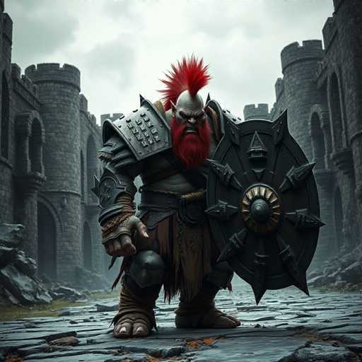 A colossal, fierce ogre warrior stands before a crumbling castle. He sports a vibrant red mohawk, tattered steel plate armor, and wields a massive iron sword. The scene is bathed in a muted, overcast light, emphasizing the high-contrast, detailed fantasy art style.