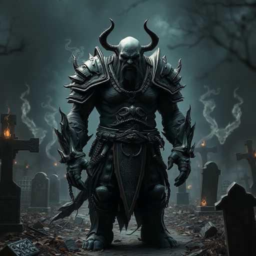 A colossal, monstrous ogre stands in a desolate graveyard. Clad in dark, nightmarish armor of obsidian-like metal, the creature exudes a malevolent aura. Eerie, ghostly wisps swirl around it, casting an unsettling atmosphere. The scene is shrouded in a dark, foreboding light, emphasizing the ogre's monstrous presence. The overall style is hyper-realistic and deeply unsettling, creating a truly horrific image.
