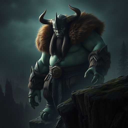 This image depicts a highly detailed, computer-generated Viking character standing on a rocky cliff. The Viking has green skin and is adorned with a black helmet featuring a prominent spike on top and two curved horns. His face is characterized by a long, black beard and mustache, with piercing white eyes that add to his fierce expression. He is dressed in a fur cape and a thick fur collar, complemented by fur wristbands and a large belt with a prominent buckle. His attire includes a skirt-like garment made of fur, and his feet are covered by large, green boots. The Viking's right hand is extended outward, while his left hand rests on his hip. The background is a dark, cloudy night sky with silhouettes of trees, enhancing the dramatic and imposing presence of the Viking.